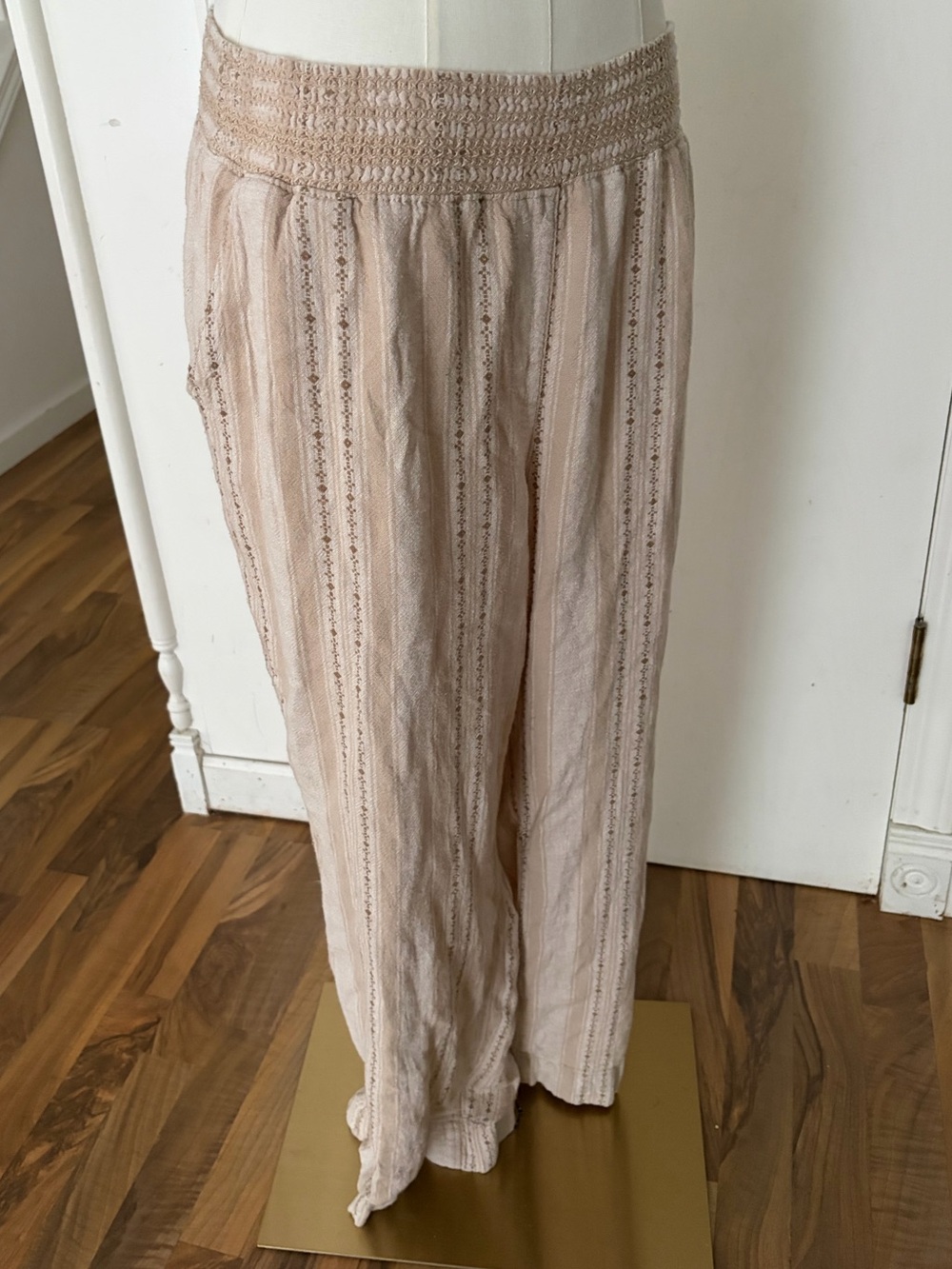 Briggs New York Beige Smocked-Waist Maxi Skirt with Subtle Stripe